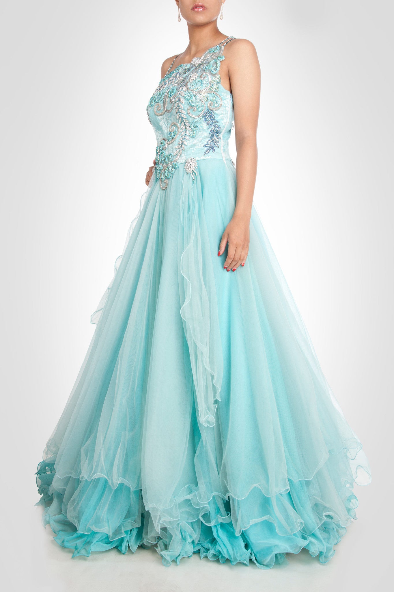 Party Wear Printed Work Sky Blue Color Anarkali Style Gown